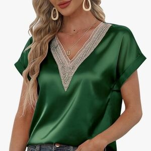 Nwt MIROL Women's Short Sleeve Silk Tops Guipure Lace V Neck Satin Blouse